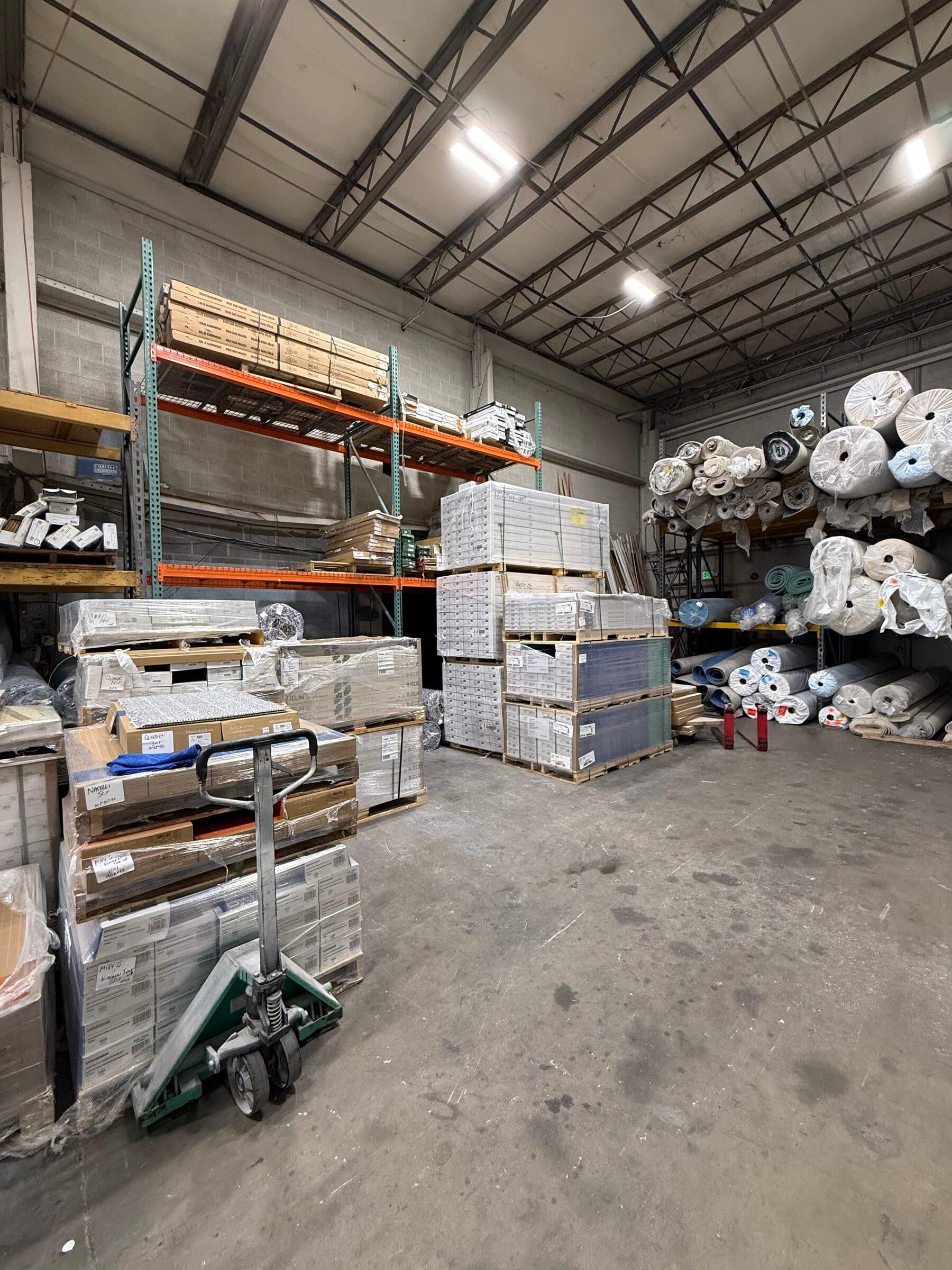 Gaithersburg warehouse interior showing carpet inventory